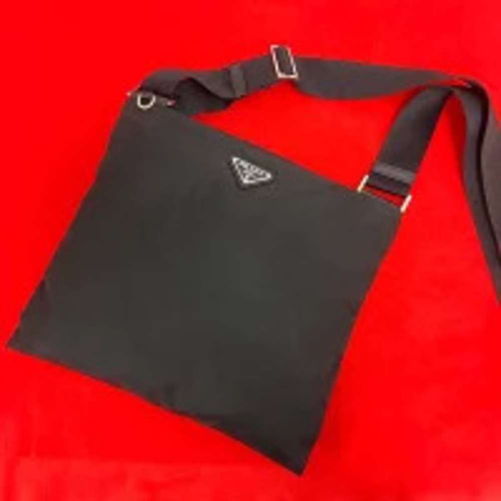 Prada Triangle Enameled Logo Tessuto Shoulder Bag Handbag Sacoche Black